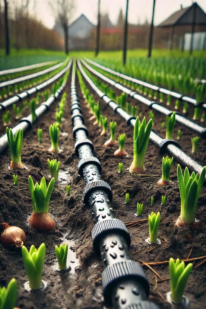 Irrigation lines running neatly through rows of young crops.
